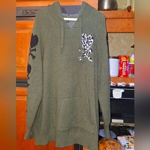 Torrid Olive Green Skull (Hearts) and Crossbones Sweater In A 2X With A Hood.